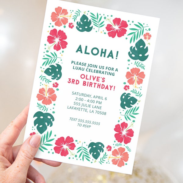 Hawaiian Luau Birthday Party Invitations | Printable Instant Download | EDITABLE TEMPLATE