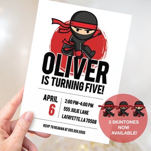 May include: A red, white, and black birthday invitation for a boy turning five. The invitation features a cartoon ninja with a red headband and a red background. The text on the invitation reads "Oliver is turning five!" and includes the date, time, and location of the party. The invitation also includes a note to RSVP to Reagan at 555.555.5555.
