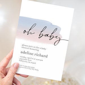 Watercolor Blue and Pink Oh Baby Minimalist Shower Invitation | Printable Instant Download | Editable Template