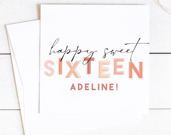 Printable Personalized Happy Sweet Sixteen Birthday Card | 16 Year Old Bday Card | Blank Folded Card | Instant Download