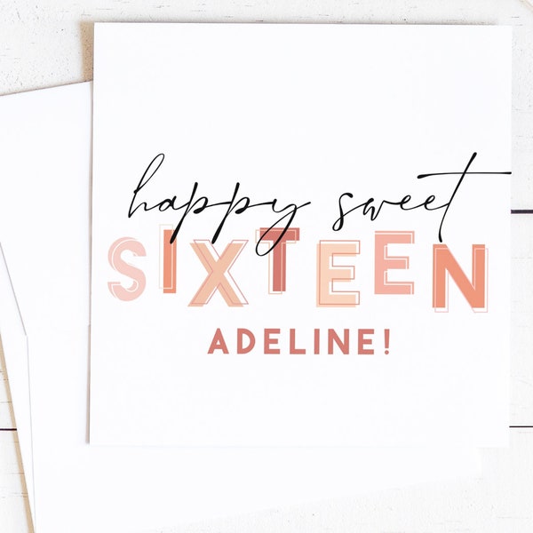 Printable Personalized Happy Sweet Sixteen Birthday Card | 16 Year Old Bday Card | Blank Folded Card | Instant Download