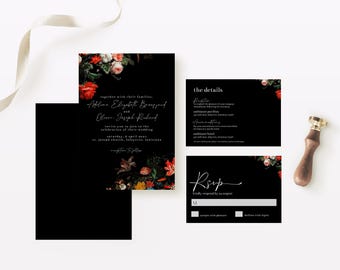 May include: A set of black wedding invitations with floral accents. The invitation suite includes a main invitation, details card, and RSVP card. The floral design features red, pink, and yellow flowers. A gold wax seal is also present.