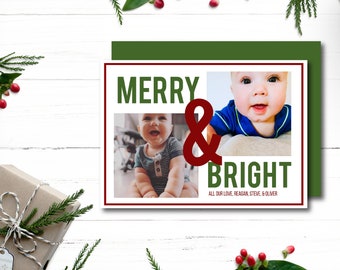Family Photo Christmas Card | Merry and Bright 2 Photo Holiday Cards | Printable Instant Download | Editable Template