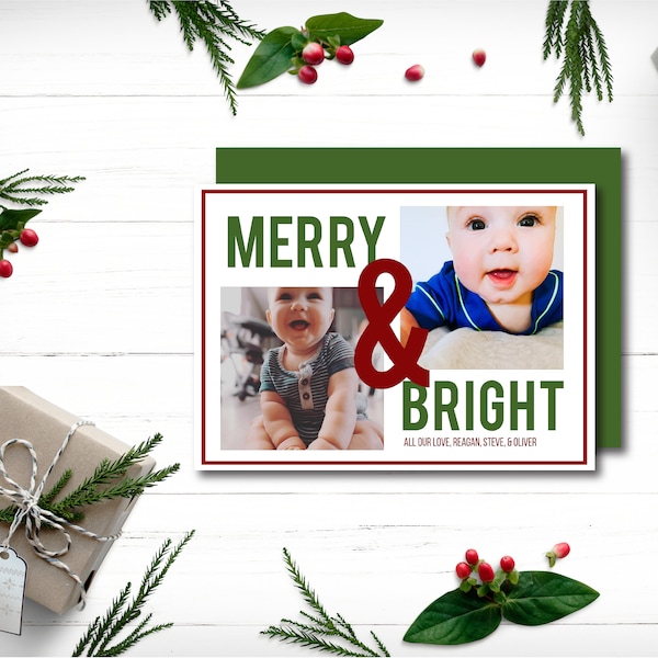 Family Photo Christmas Card | Merry and Bright 2 Photo Holiday Cards | Printable Instant Download | Editable Template