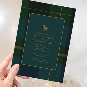 May include: A green and gold tartan baby shower invitation with a rocking horse icon and the text "Please join us for a Baby Shower honouring Adeline Richard, Saturday, April 6, 2:00-4:00 pm, 555 Julie Lane, Lafayette, LA 70508, Registered at Target and Amazon, Please text Reagan at 555-555-5555 to RSVP."