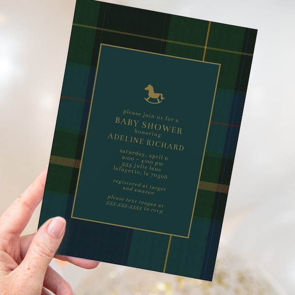 Classic Dark Green Plaid Equestrian Baby Shower Invitations | Printable Instant Download | Editable Template