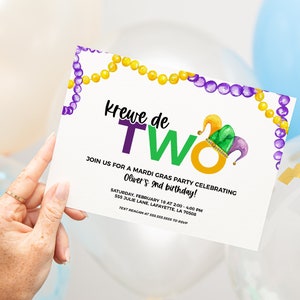 Mardi Gras Second Birthday Party Invitation | Krewe de TWO | Printable Instant Download | Editable Template