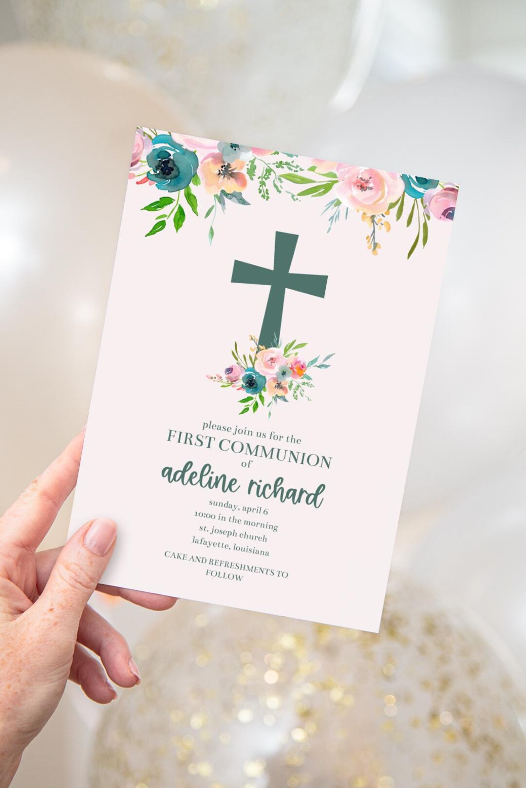 Watercolor Floral First Communion Invitation | Girl First Communion ...