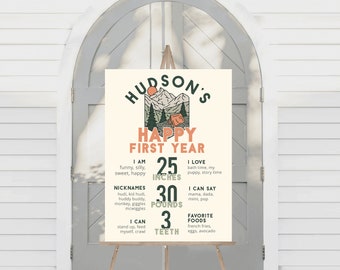 May include: A colourful poster featuring a mountain scene and a tent. The poster reads "Hudson's Happy First Year" and details the child's measurements: 25 inches, 30 pounds, and 3 teeth. It also includes the child's favourite foods, nicknames, and things they can say.