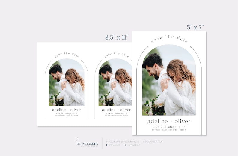 May include: Save the date card with a photo of a couple in an archway. The text reads "save the date" and "adeline oliver 9.24.21 lafayette, la formal invitation to follow".