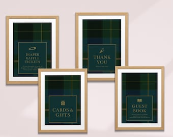 Equestrian Baby Shower Signs Bundle | Table Signs, Diaper Raffle, Cards & Gifts | Dark Green Plaid | Printable Corjl