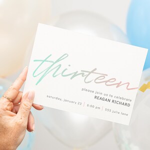 Script Teen Birthday Invitations | Pink and Blue Gradient Party Invites | ANY AGE | Printable Instant Download | Editable Template