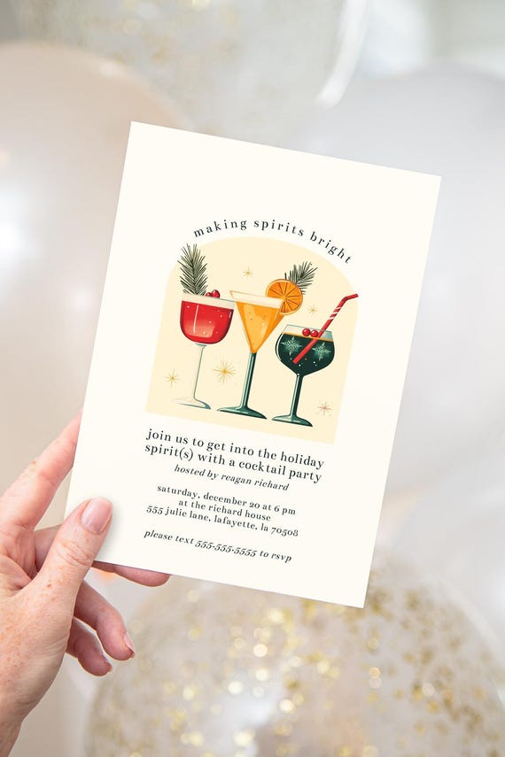 Holiday Cocktail Party Invitation | Retro Christmas Spirits Invite | Printable Instant Download | Editable Template