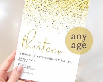 Gold Glitter Birthday Party Invitations | Teen Girl Invites | Printable Instant Download