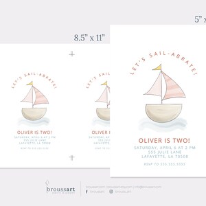 Op de afbeelding: Een printbare uitnodiging voor een kinderfeestje voor de tweede verjaardag. De uitnodiging toont een roze en witte zeilboot met een gele zeil en de tekst "Let's Sail-Abrate!" in een rode cirkel. De uitnodiging bevat ook de naam van het kind, de datum en tijd van het feest en het adres. De uitnodiging is verkrijgbaar in twee formaten: 8,5 inch bij 11 inch en 5 inch bij 7 inch.