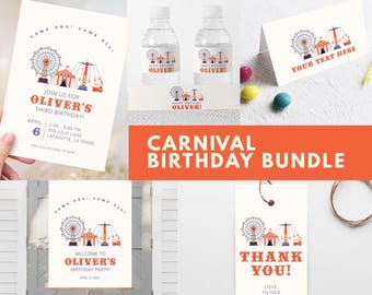 May include: A carnival-themed birthday bundle featuring invitations, water bottle labels, thank you tags, and a welcome sign. The designs include a Ferris wheel, a circus tent, and a swing ride in red, blue, and orange. The text includes "Oliver's Third Birthday" and "Thank You!"