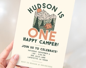 One Happy Camper First Birthday Party Invitations | Printable Instant Download | Editable Template