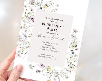 May include: A rectangular retirement party invitation card featuring a white background with delicate watercolor wildflowers in shades of purple, yellow, and green. The center contains a light beige text box with black lettering detailing the event.