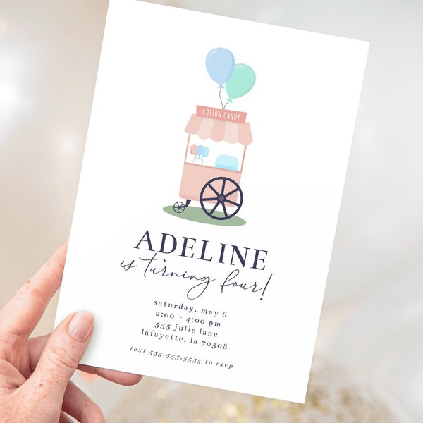 Cotton Candy Cart Birthday Party Invitation | Simple Minimalist Kid Invite | Printable Instant Download | EDITABLE TEMPLATE