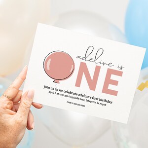 Pink Balloon First Birthday Party Invitation | Simple 1st Bday Invites | Printable Instant Download | Editable Template