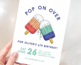 Puede incluir: Una invitación colorida para una fiesta de cumpleaños número 4 con temática de paletas de hielo. La invitación dice "Pop on over for Oliver's 4th Birthday!" con la fecha y hora de la fiesta: "Sat June 26, 2:00 - 4:00 PM". La dirección es "555 Julie Lane, Lafayette, LA 70508". La invitación también incluye el texto "Text 555.555.5555 to RSVP".