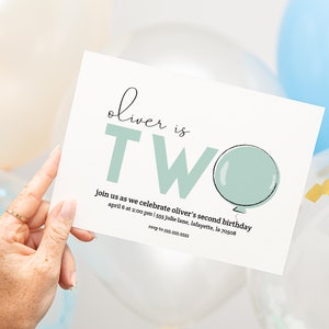 Balloon Second Birthday Party Invitation | Simple Cute Mint TWO | Printable Instant Download | Editable Template