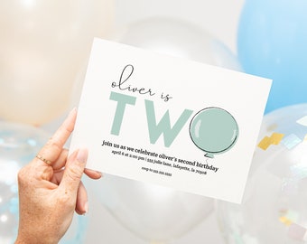 Balloon Second Birthday Party Invitation | Simple Cute Mint TWO | Printable Instant Download | Editable Template