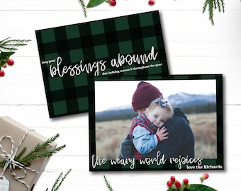 Buffalo Check Weary World Rejoices Family Photo Christmas Cards | Printable Instant Download | Editable Template