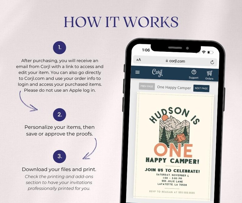 May include: A digital screen displaying a printable invitation for a first birthday party. The invitation features a cartoon illustration of a tent in a forest with the text "Hudson is One Happy Camper!" and details for the party, including the date, time, and location.