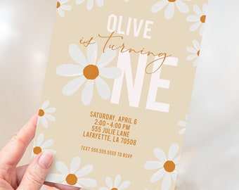 Retro Daisy First Birthday Party Invitations | Printable Instant Download | Editable Template