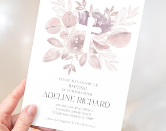 May include: A baptism invitation featuring a floral design with a white cross and text. The invitation includes the name "Adeline Richard" and event details. The color palette includes shades of pink and purple.