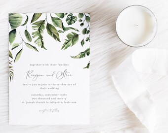 May include: A white wedding invitation with green watercolor leaves and the text "together with their families Reagan and Steve invite you to join in the celebration of their wedding Saturday, September tenth two thousand and twenty St. Joseph Church in Lafayette, Louisiana reception to follow"