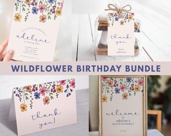 May include: A wildflower birthday bundle featuring invitations, thank you cards, and a welcome sign. The designs include floral illustrations in yellow, pink, and blue, with text that reads "Adeline is turning four" and "thank you!"