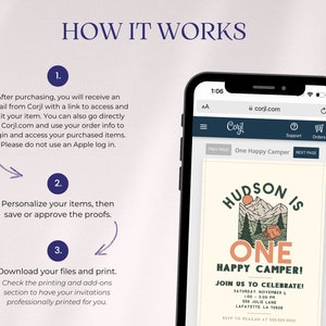 May include: A smartphone screen showing a website with a customizable invitation template for a one-year-old's birthday party. The invitation features a mountain scene with a tent and the text "Hudson is One Happy Camper!"  Join us to celebrate! Saturday, November 4, 1:00-3:00 PM, 555 Julie Lane, Lafayette, LA 70508. RSVP to Reagan at 555-555-5555.