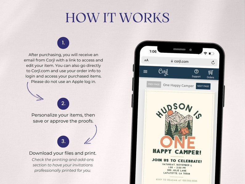 May include: A smartphone screen showing a website with a customizable invitation template for a one-year-old's birthday party. The invitation features a mountain scene with a tent and the text "Hudson is One Happy Camper!"  Join us to celebrate! Saturday, November 4, 1:00-3:00 PM, 555 Julie Lane, Lafayette, LA 70508. RSVP to Reagan at 555-555-5555.