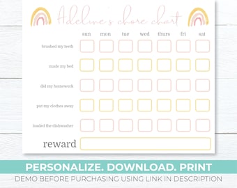 Printable Rainbow Chore Chart | Instant Download | Edit and print | Kid Reward Chore Tracker