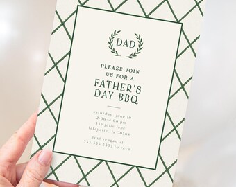 May include: A Father's Day BBQ invitation with a cream background and a green geometric pattern. The invitation includes the text "DAD" with a laurel wreath, and details for the event, including the date, time, and location.