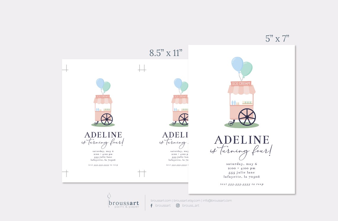 Ice Cream Cart Birthday Party Invitation Simple Minimalist Etsy
