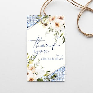 Acuarela Mediterranean Tile & Florals Favor Etiqueta de regalo / Descarga instantánea imprimible / Plantilla editable