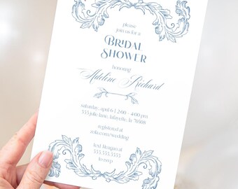 Dusty Blue Bridal Shower Invitation Corjl Template | Victorian Scroll Editable Printable Instant Download