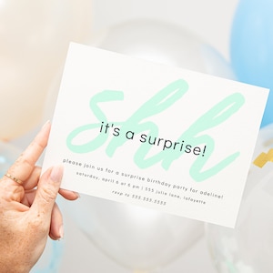 Surprise Party Invitations | Shh It&#39;s A Surprise Birthday Party Invites | Printable Instant Download | Editable Template