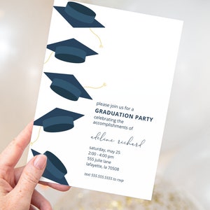 May include: A graduation party invitation with a blue and white color scheme. The invitation features a series of blue graduation caps with gold tassels. The text on the invitation reads "Please join us for a Graduation Party celebrating the accomplishments of Adeline Richard. Saturday, May 25, 2:00-4:00 pm, 555 Julie Lane, Lafayette, LA 70508. Text 555.555.5555 to RSVP."