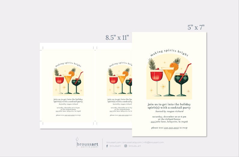 May include: A holiday party invitation with a festive illustration of three cocktails with a yellow, red, and green color scheme. The text reads "making spirits bright" and includes details about the party, including the date, time, location, and host.