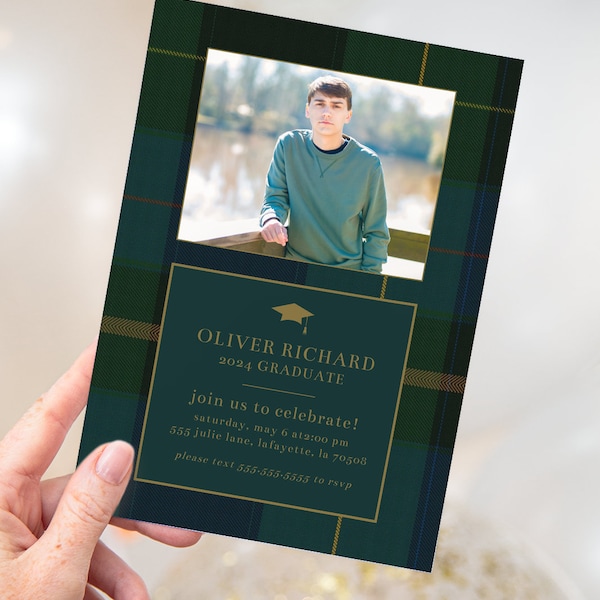 Classic Dark Green Plaid Graduation Announcement and Invitations | Printable Instant Download | Editable Template