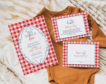 May include: A baby shower invitation and cards with a red and white gingham pattern. The invitation reads "Red, White & Due" and includes event details. Cards request books and diapers. A brown onesie is in the background.