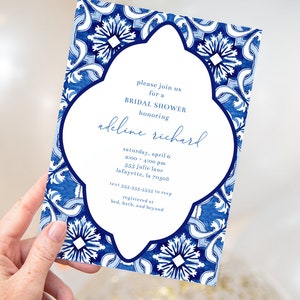 Navy Mediterranean Tile Bridal Shower Invitation | Printable Instant Download | Editable Template