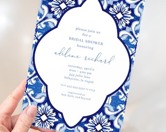Navy Mediterranean Tile Bridal Shower Invitation | Printable Instant Download | Editable Template