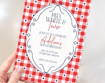 May include: A birthday invitation with a red and white gingham pattern background. The invitation features the text "RED, WHITE & TWO" and "Adeline's SECOND BIRTHDAY!" in a decorative oval frame. The invitation includes the date, time, and location.