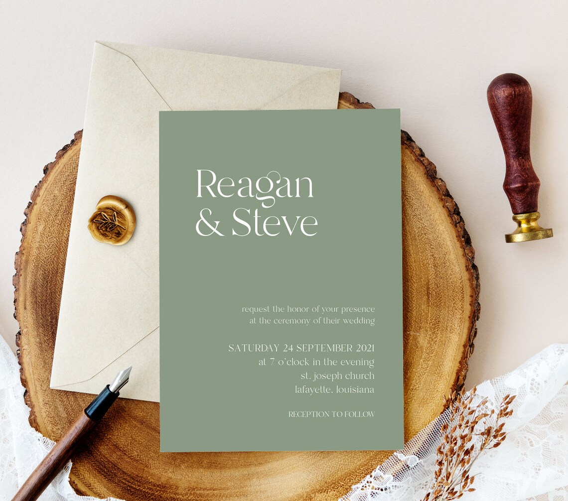Sage Green Wedding Invitations Modern Minimalist Wedding Etsy