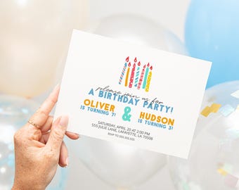 May include: A white rectangular birthday party invitation card featuring a colorful illustration of six candles at the top. The text reads: please join us for A BIRTHDAY PARTY! OLIVER IS TURNING 7! & HUDSON IS TURNING 3! SATURDAY, APRIL 20 AT 2:00 PM 555 JULIE LANE, LAFAYETTE, LA 70508 RSVP TO 555.555.555.